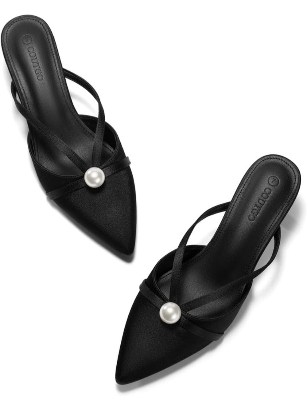 Women's Black Pearl Kitten Heels Closed Pointed Toe Satin Mules Sandals